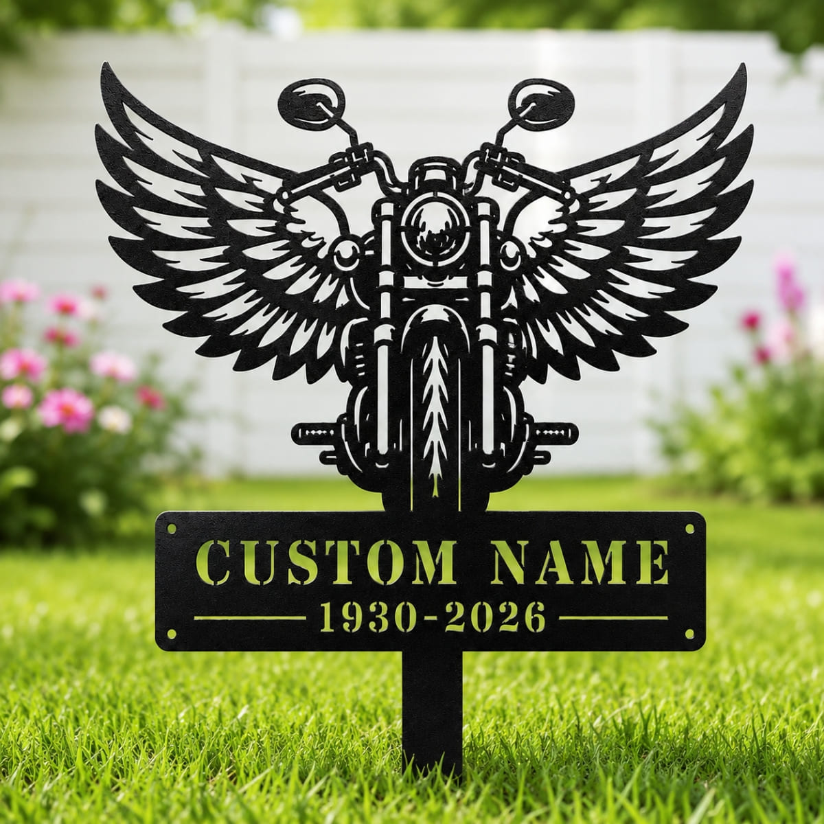 Personalized Motorcycle Memorial Metal Sign – Custom Name & Birth and Death Years Biker Garden Stake