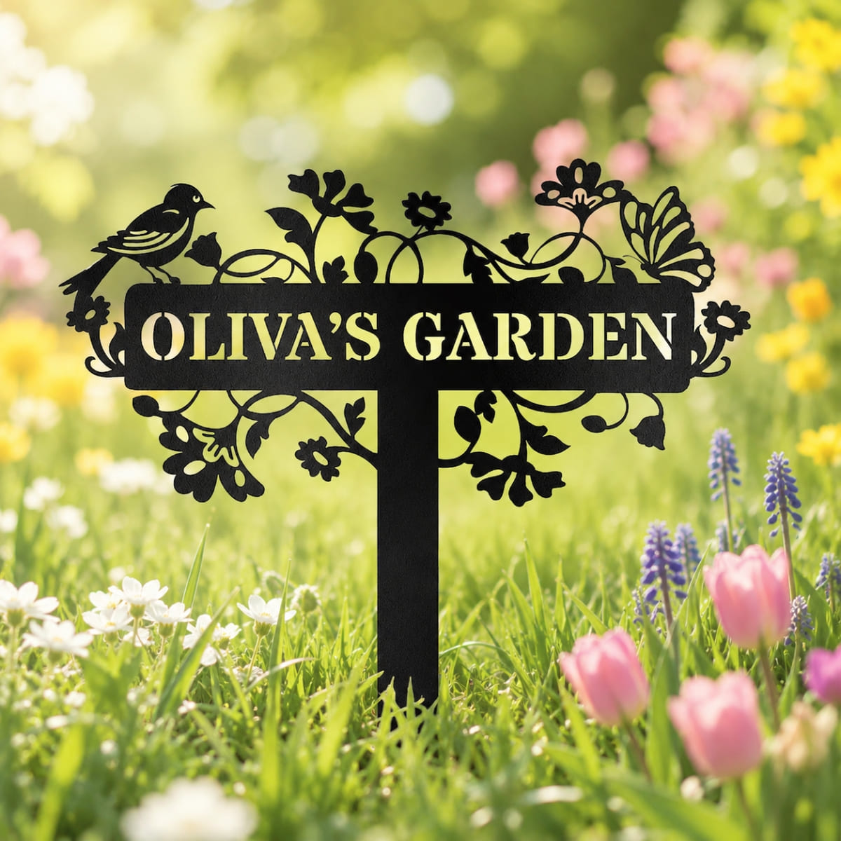 Personalized Garden Metal Sign – Custom Name Floral Garden Stake with Bird