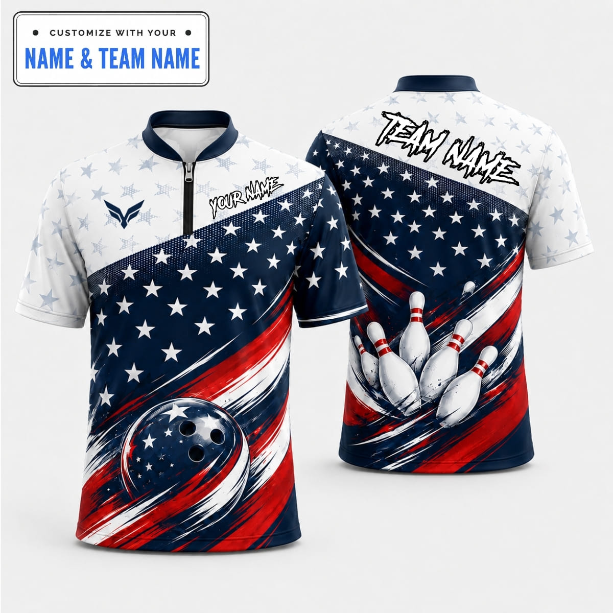 Personalized Patriotic American Flag Stars Stripes Bowling Shirt – Custom Name & Team Name