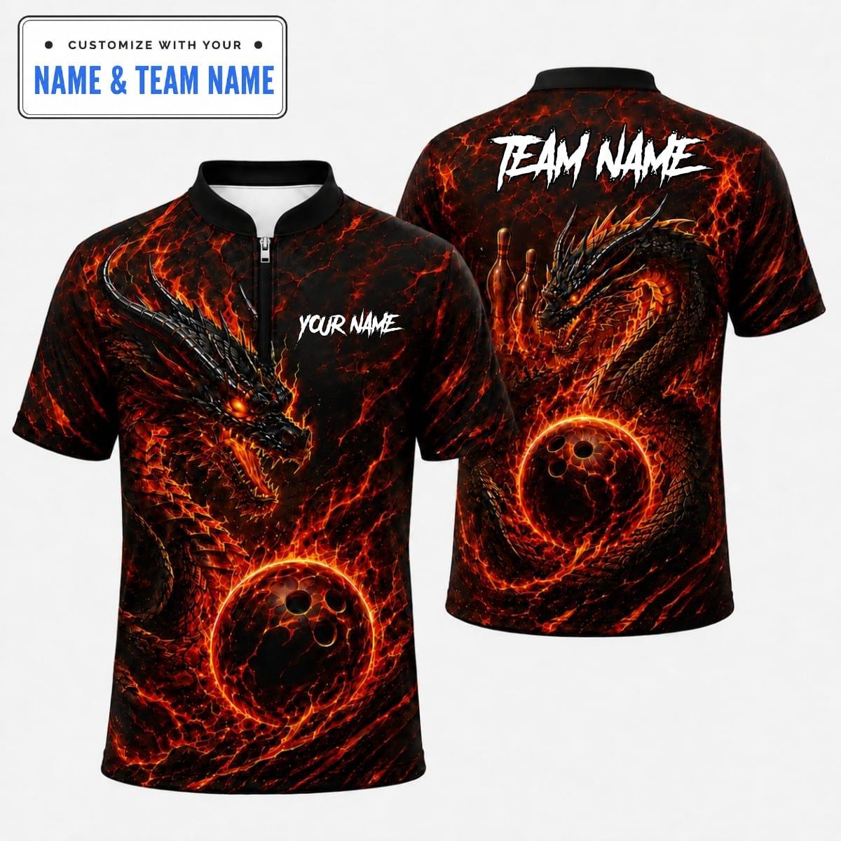 [5 Colors] Personalized Badass Fiery Dragon Bowling Shirts – Custom Name & Team Name