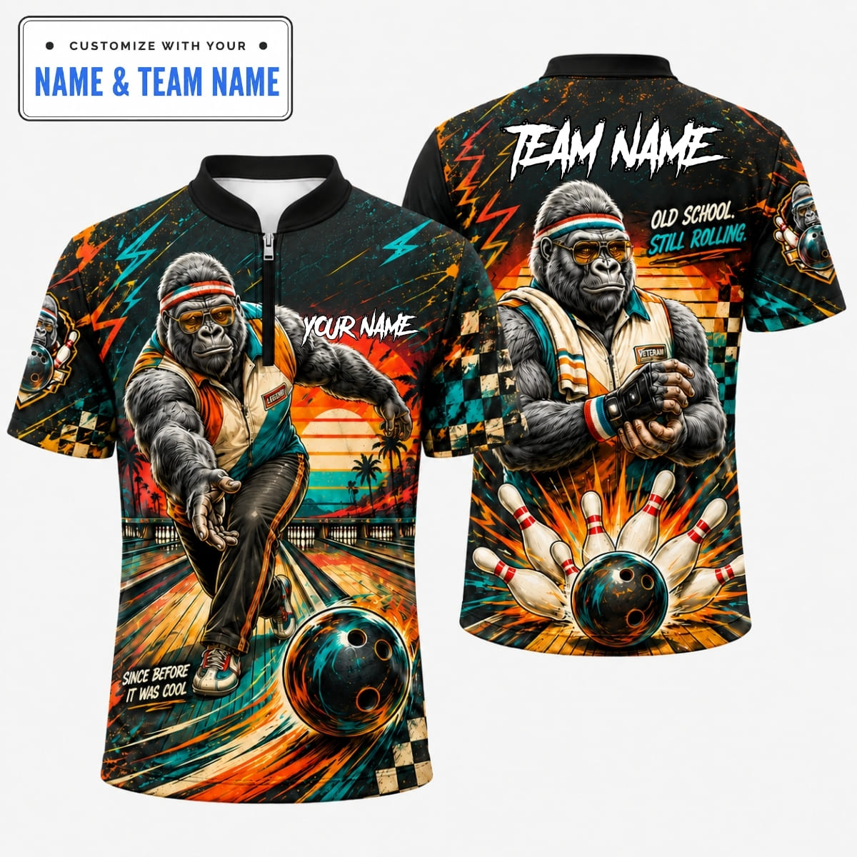 [4 Colors] Personalized Cool Retro Gorilla Bowling Shirt – Custom Name & Team Name