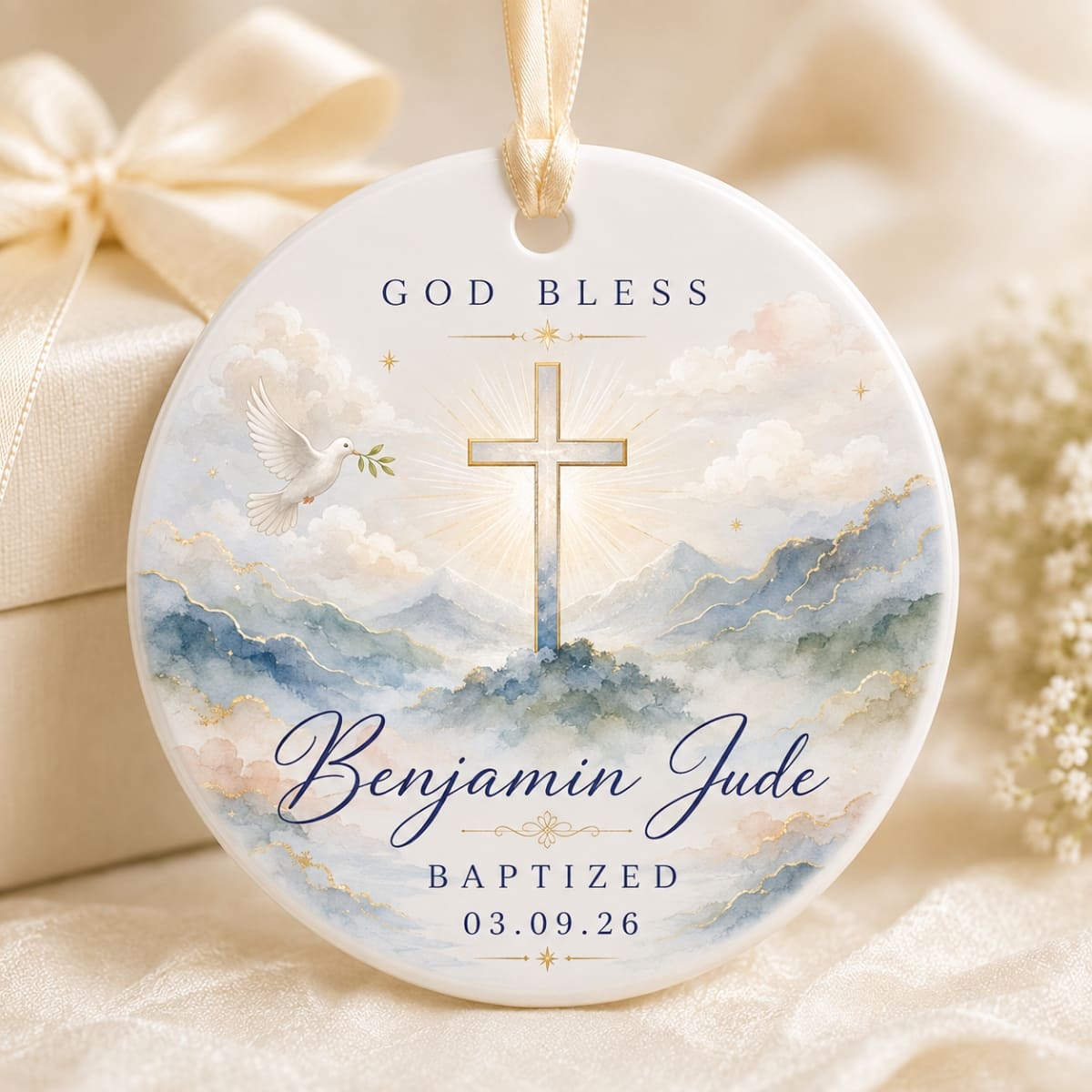 Personalized Baptism Ceramic Ornament – Custom Name & Baptism Date Keepsake | Gift For Baby