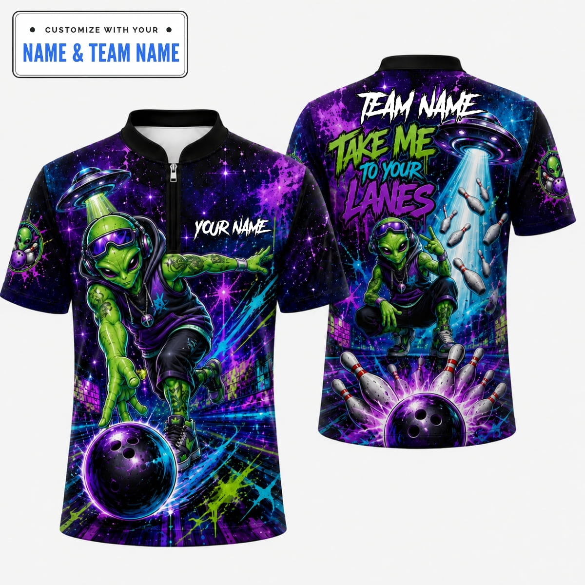 [5 Colors] Personalized Alien Take Me To Your Lanes Bowling Shirt – Custom Name & Team Name