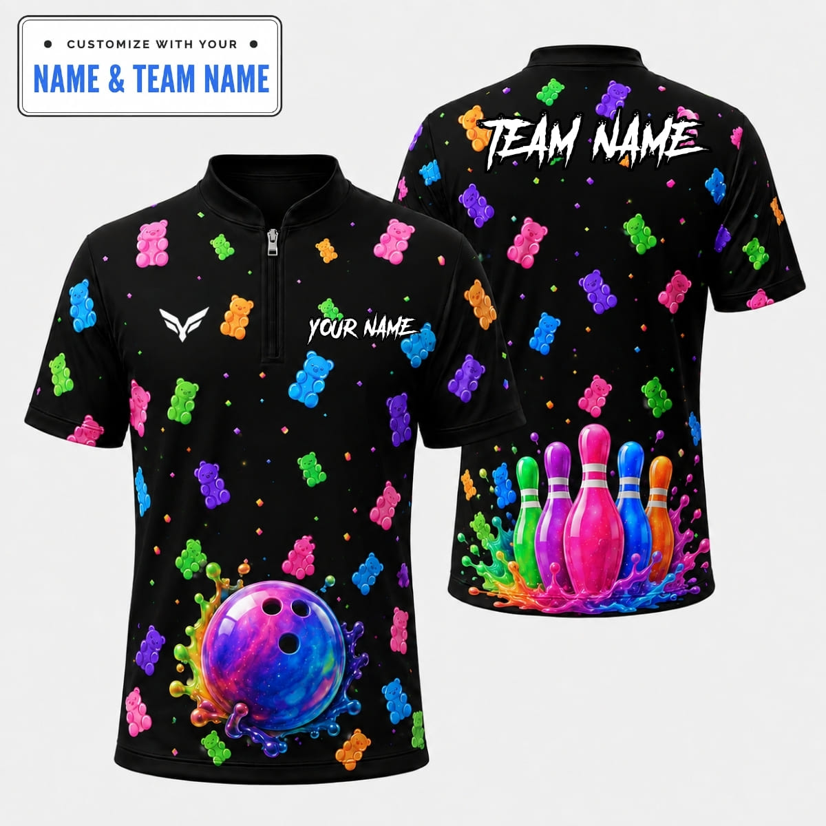 Personalized Sweet Gummy Bear Liquid Splash Bowling Shirt – Custom Name & Team Name
