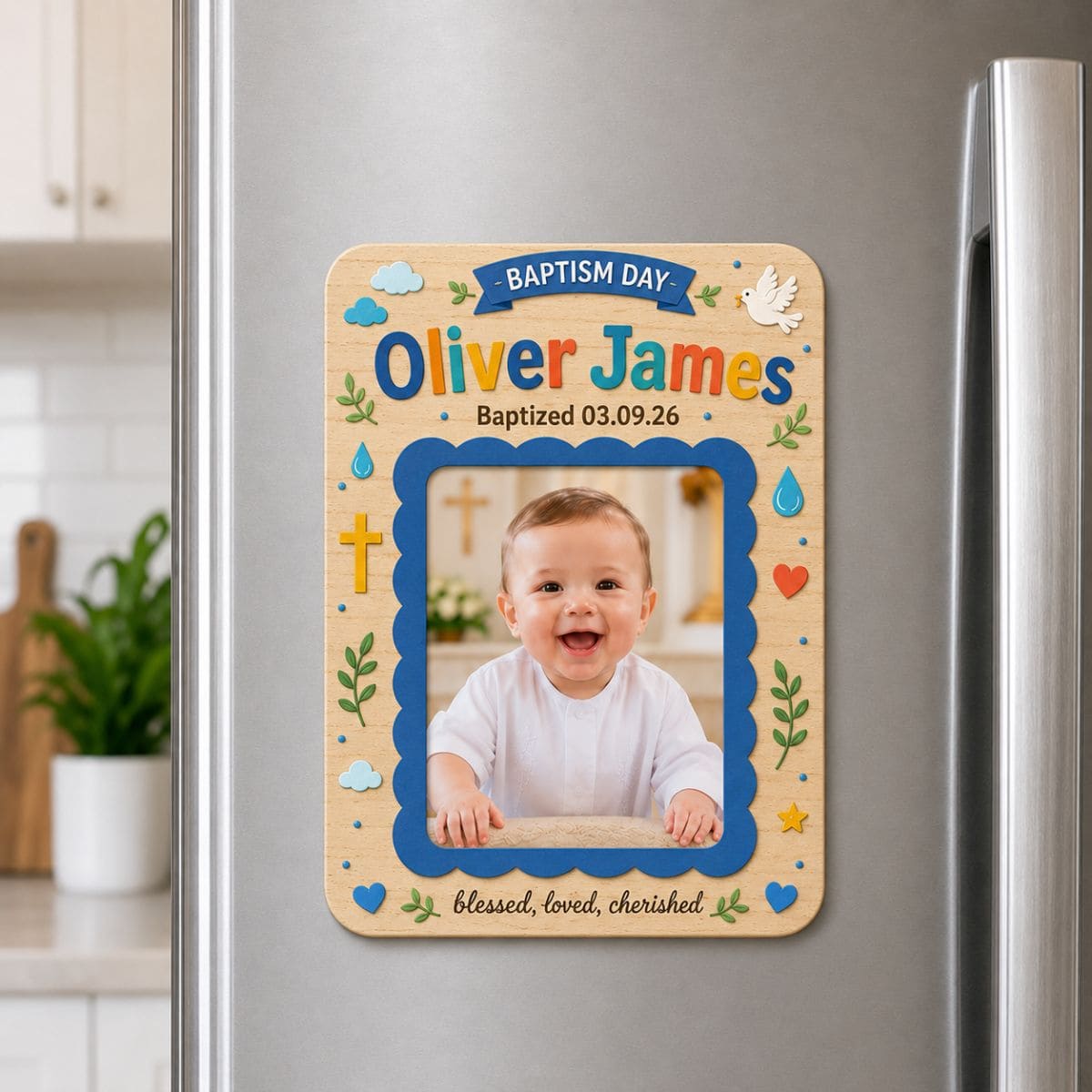 Personalized Baptism Magnetic Picture Frame – Custom Baby Photo, Name & Baptism Date Keepsake | Gift For Baby