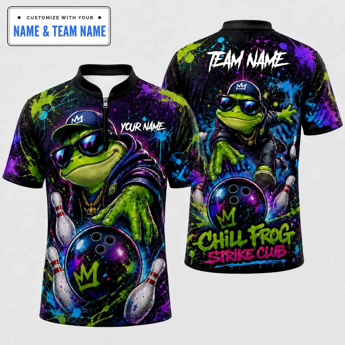 [5 Colors] Personalized Hip Hop Chill Frog Strike Club Bowling Shirt – Custom Name & Team Name