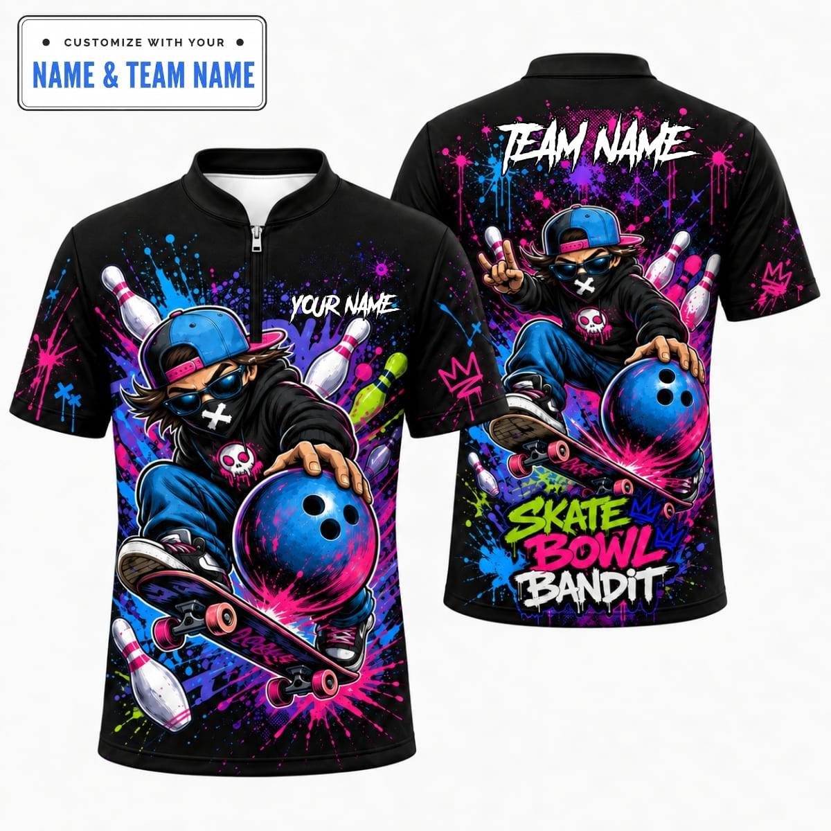 [5 Colors] Personalized Skater Skate Bowl Bandit Bowling Shirt – Custom Name & Team Name
