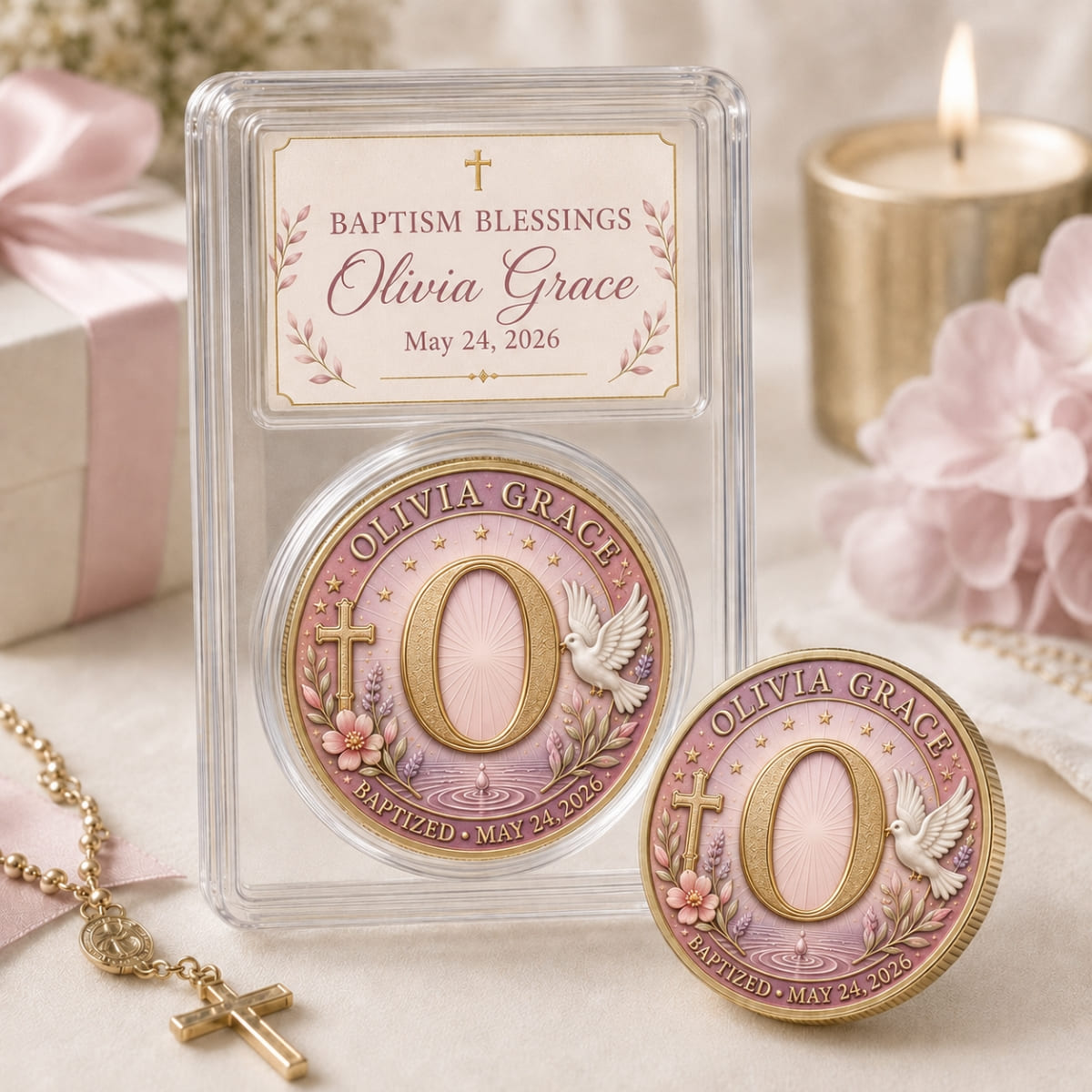 Personalized Baptism UV Alloy Commemorative Coin & Collection Box – Custom Name & Baptism Date Keepsake | Gift For Baby