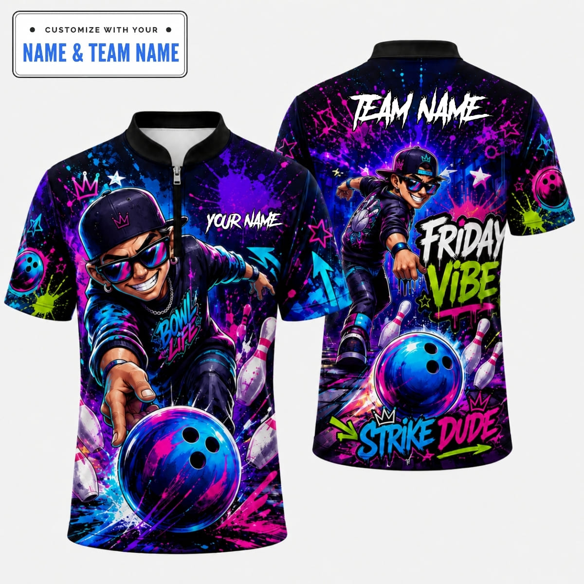[5 Colors] Personalized Hip Hop Bowler Friday Vibe Bowling Shirt – Custom Name & Team Name