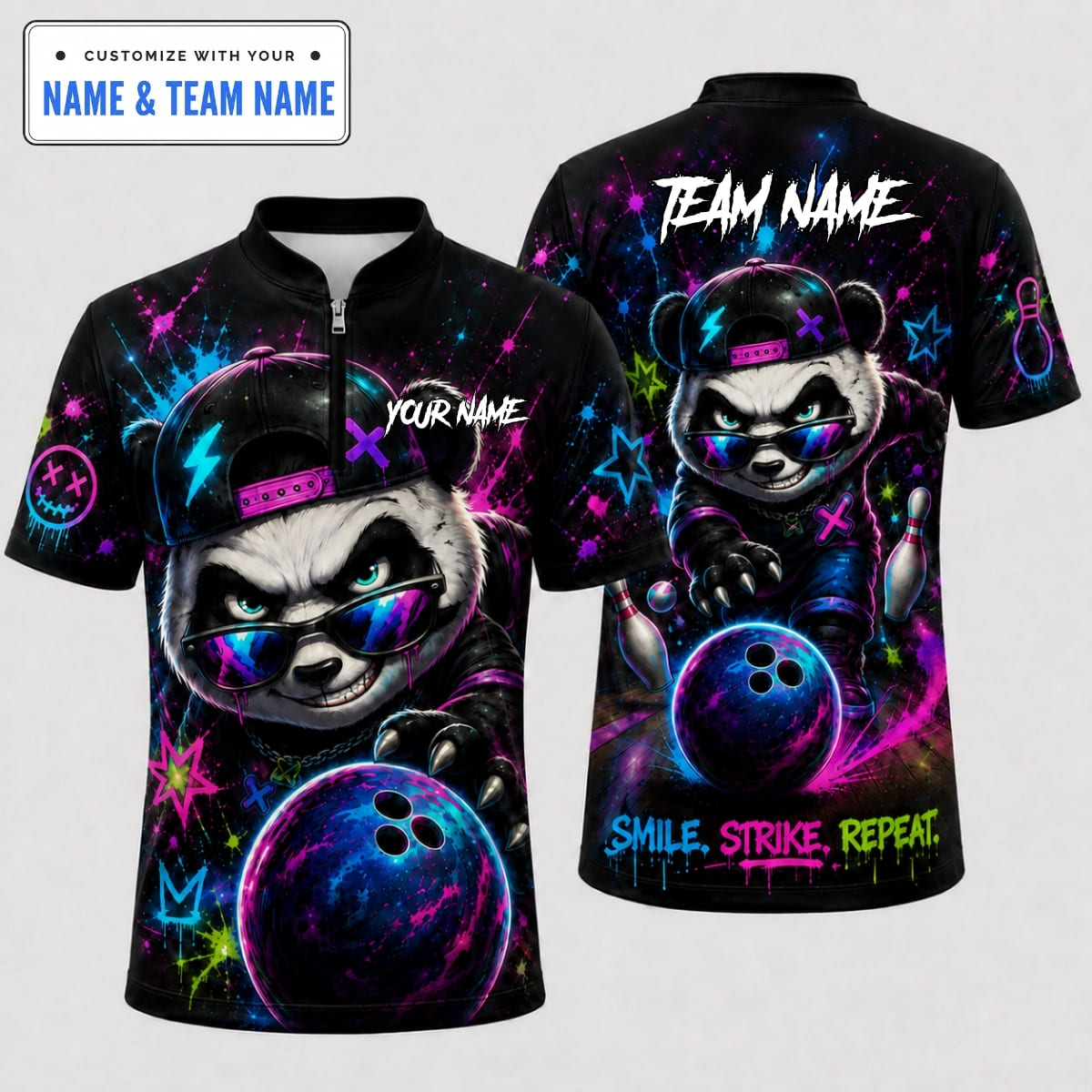 [5 Colors] Personalized Panda Smile Strike Repeat Bowling Shirt – Custom Name & Team Name