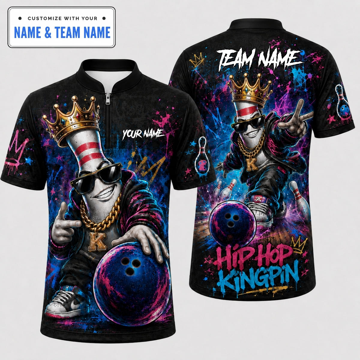 [5 Colors] Personalized Hip Hop Kingpin Strike Bowling Shirt – Custom Name & Team Name