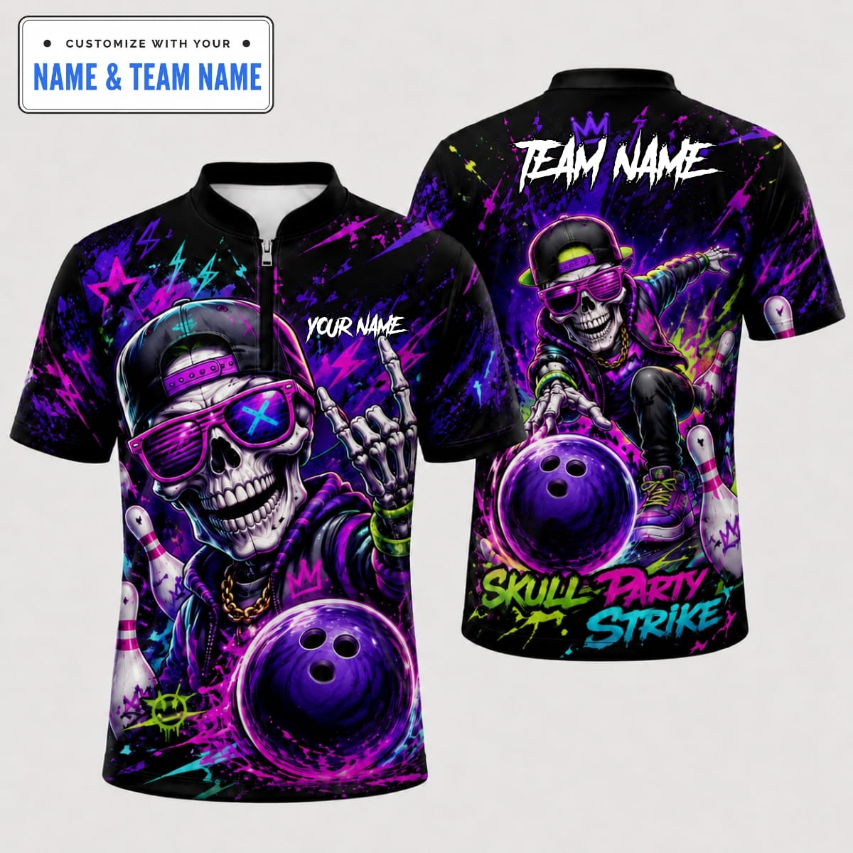 [5 Colors] Personalized Badass Skull Party Strike Bowling Shirt – Custom Name & Team Name