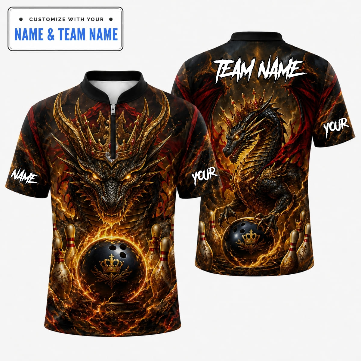 [5 Colors] Personalized Royal Fire Crowned Dragon Bowling Shirt – Custom Name & Team Name