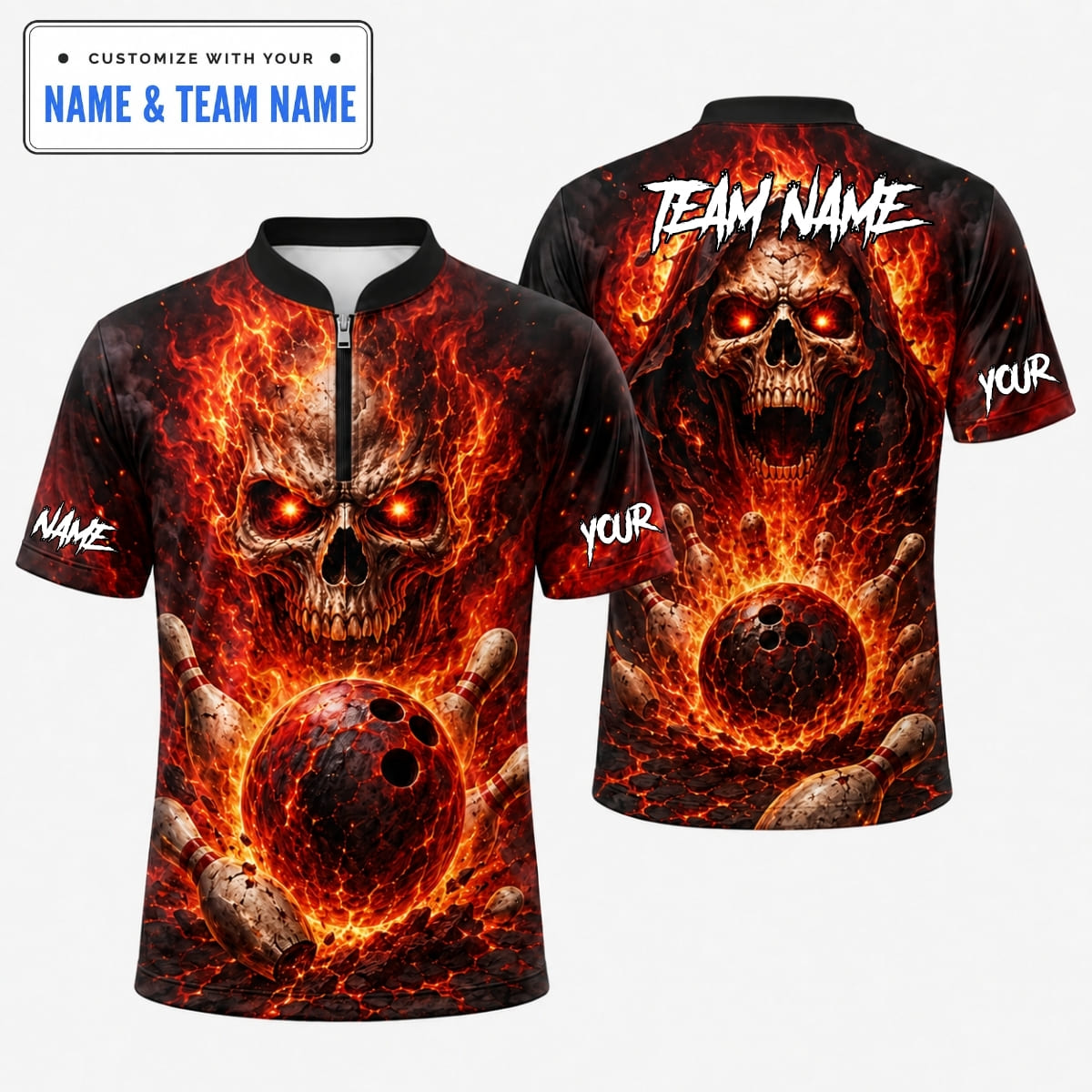 [5 Colors] Personalized Flaming Skull Reaper Strike Bowling Shirt – Custom Name & Team Name