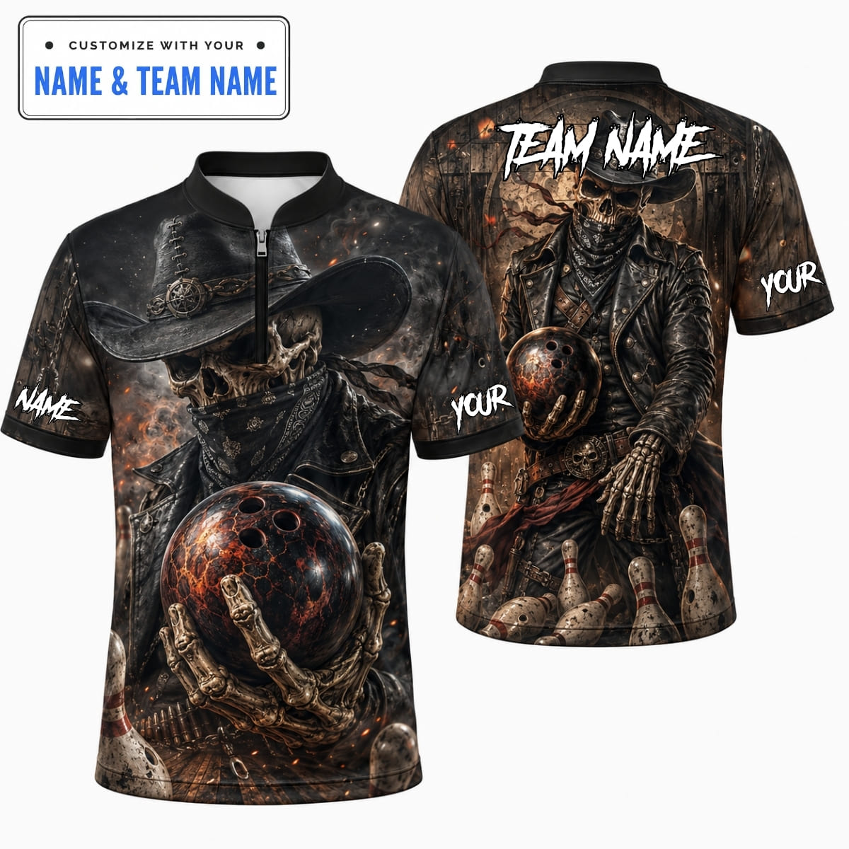 [5 Colors] Personalized Badass Western Cowboy Skull Bowling Shirt – Custom Name & Team Name