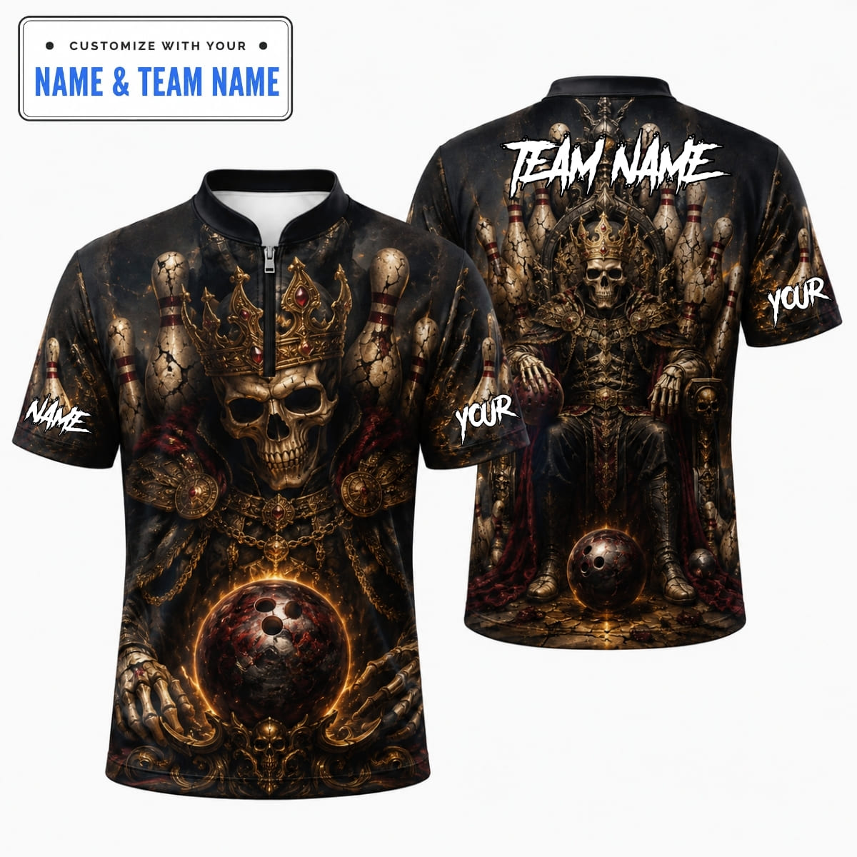 [5 Colors] Personalized Royal Skeleton King Bowling Shirt – Custom Name & Team Name