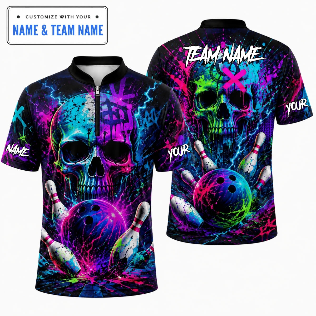 Personalized Neon Graffiti Skull Bowling Shirt – Custom Name & Team Name