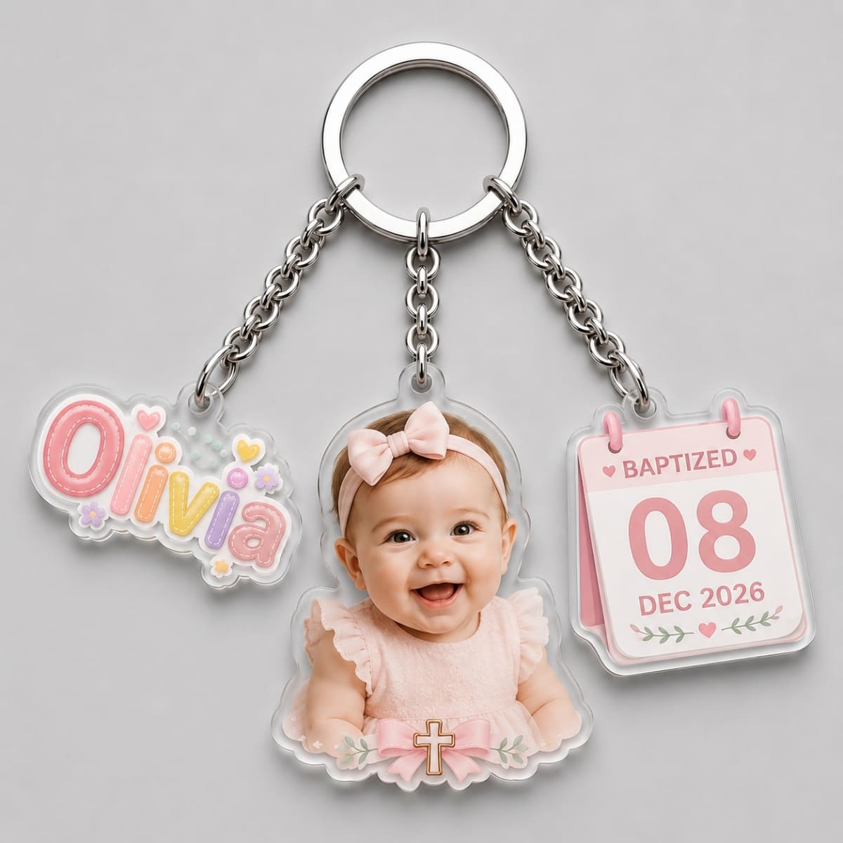 Personalized Acrylic Triple Charm Baptism Keychain – Custom Baby Photo, Name & Baptism Date | Gift For Baby