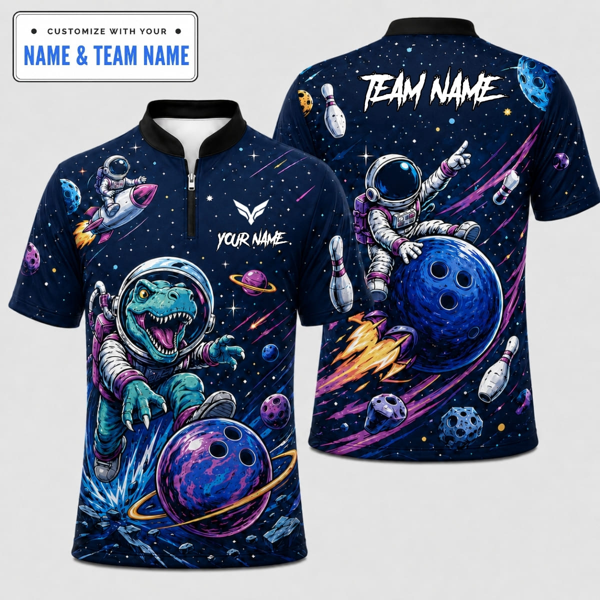 Personalized Cool Space Astronaut Dinosaur Bowling Shirt – Custom Name & Team Name