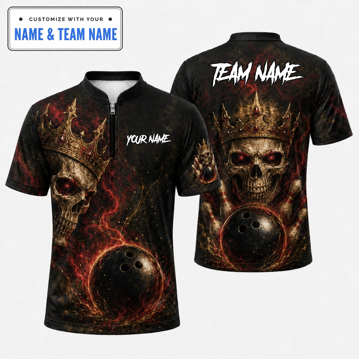 [5 Colors] Personalized Crowned Skull King Bowling Shirt – Custom Name & Team Name