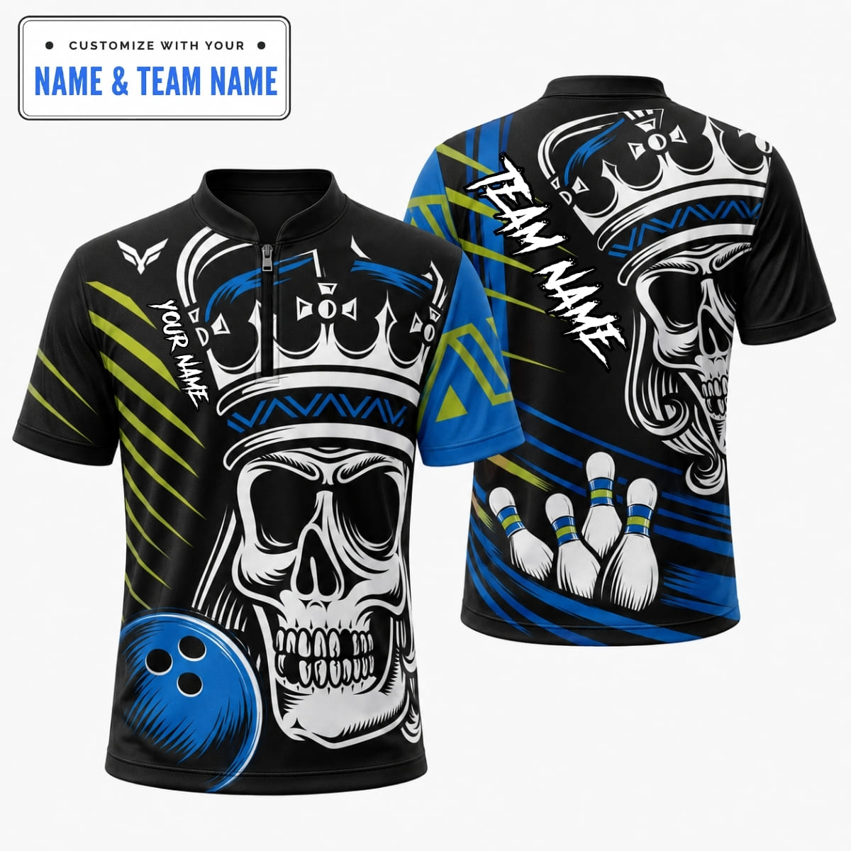 Personalized Geometric Speed Stripe Skull King Bowling Shirt – Custom Name & Team Name