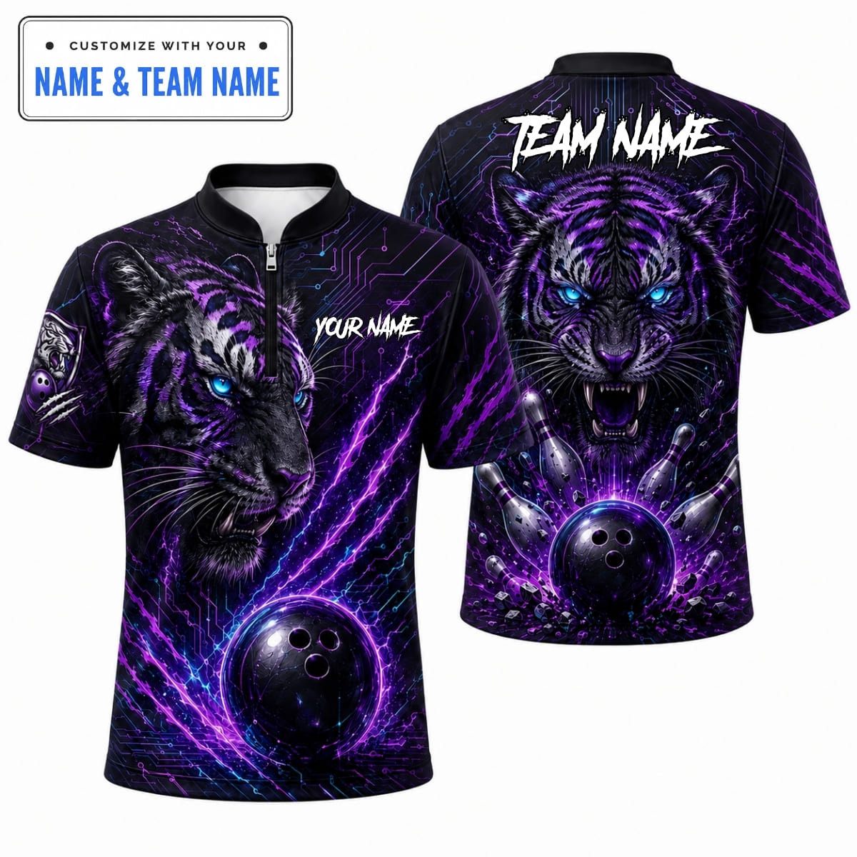[5 Colors] Personalized Badass Cyberpunk Tiger Bowling Shirt – Custom Name & Team Name