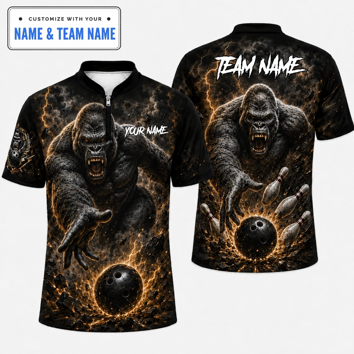[5 Colors] Personalized Shattering Power Gorilla Bowling Shirt – Custom Name & Team Name
