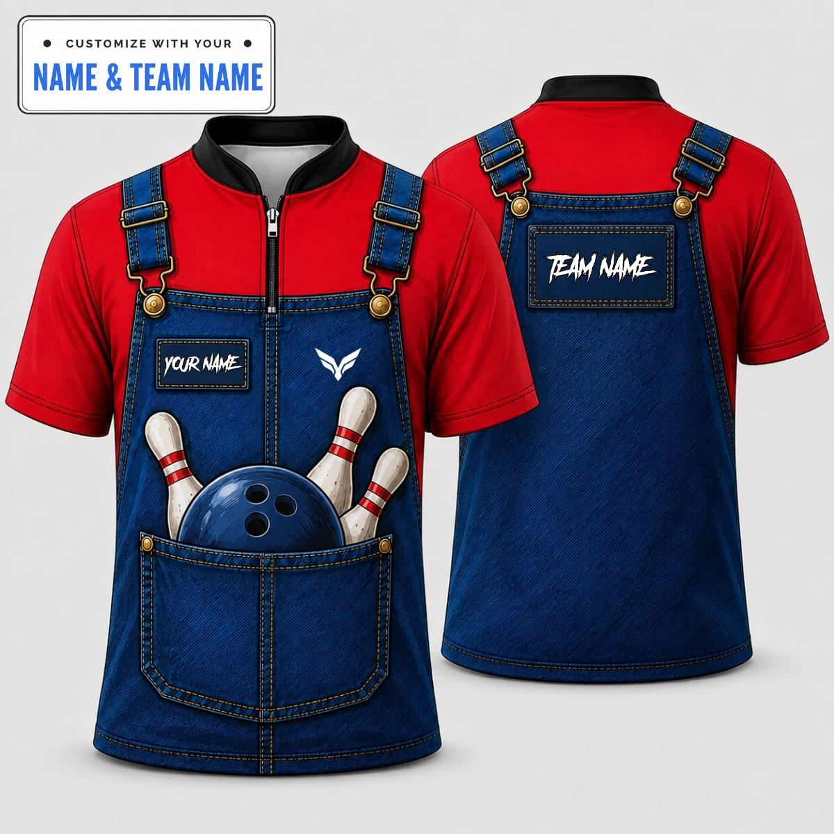 Personalized Funny Denim Overalls Illusion Bowling Shirt – Custom Name & Team Name