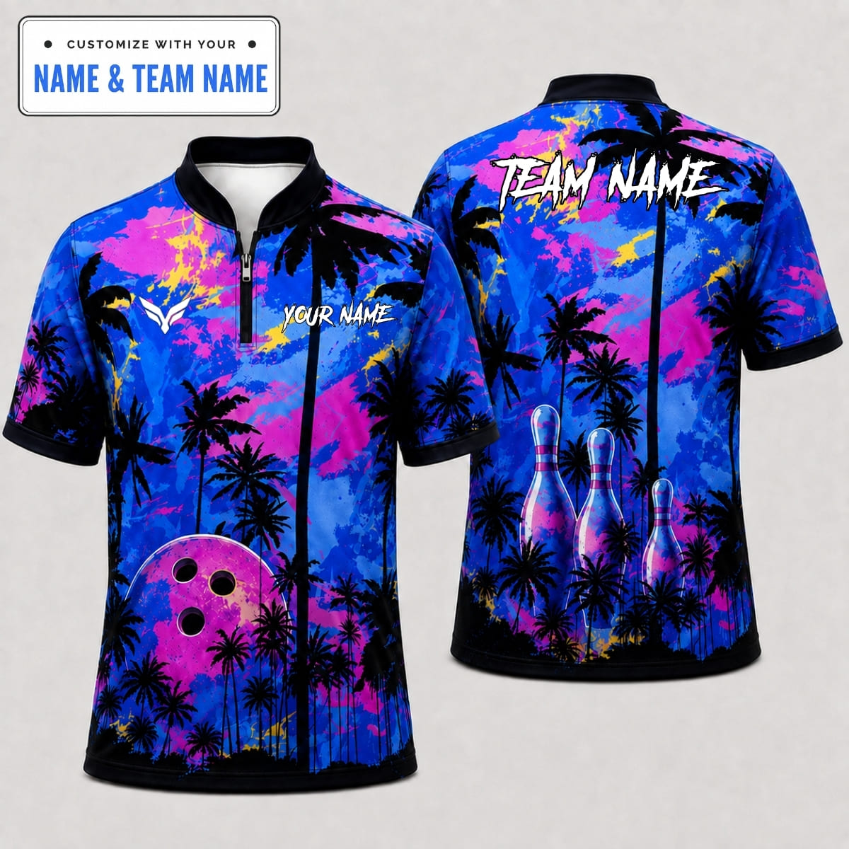 [5 Colors] Personalized Tropical Hawaiian Palm Tree Sunset Bowling Shirt – Custom Name & Team Name