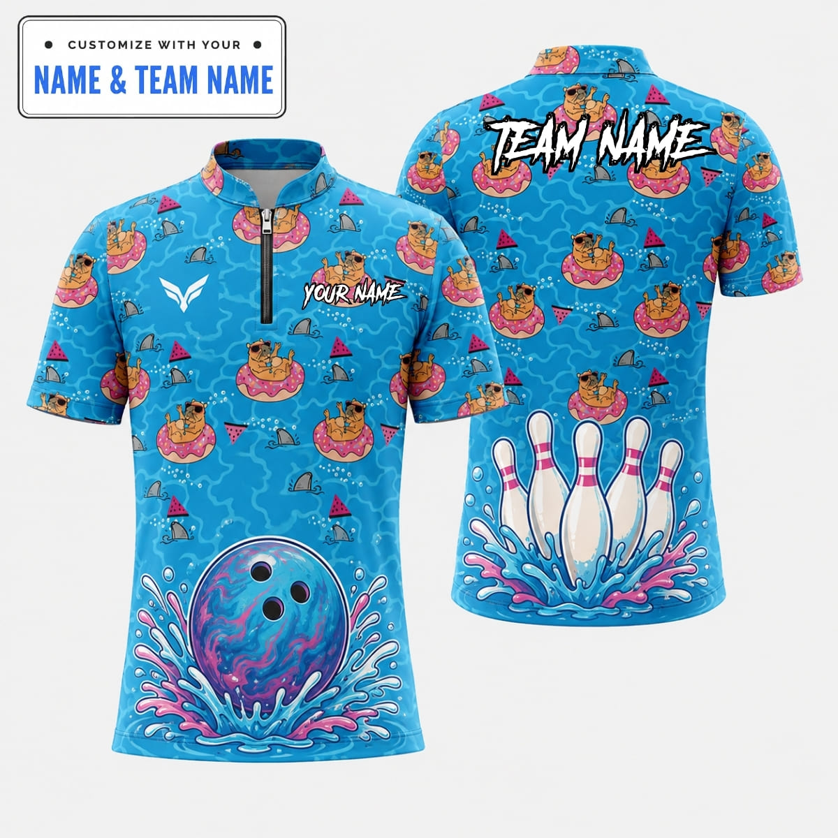 Personalized Funny Summer Pug Float Water Splash Bowling Shirt – Custom Name & Team Name
