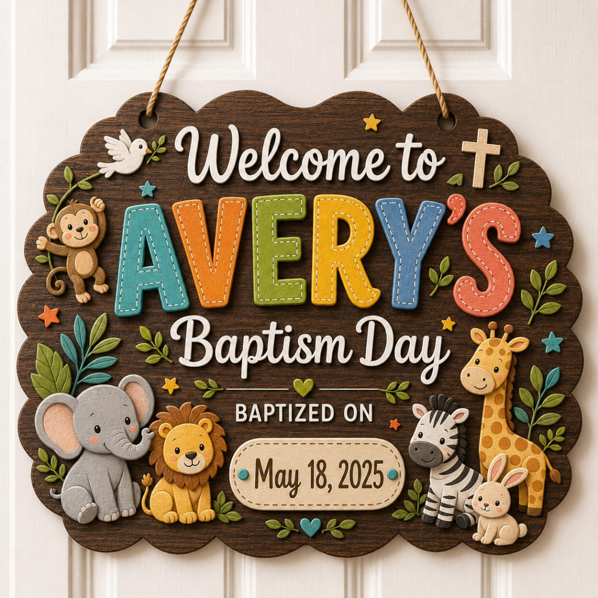 Personalized Baptism Wooden Door Hanger – Custom Baby Name & Baptism Date Sign | Gift For Baby