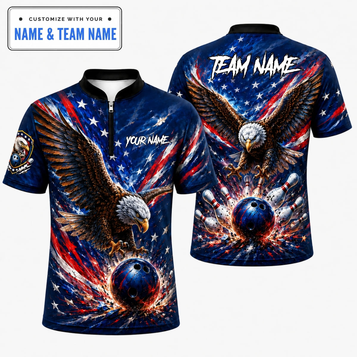 Personalized Patriotic American Bald Eagle Bowling Shirt – Custom Name & Team Name