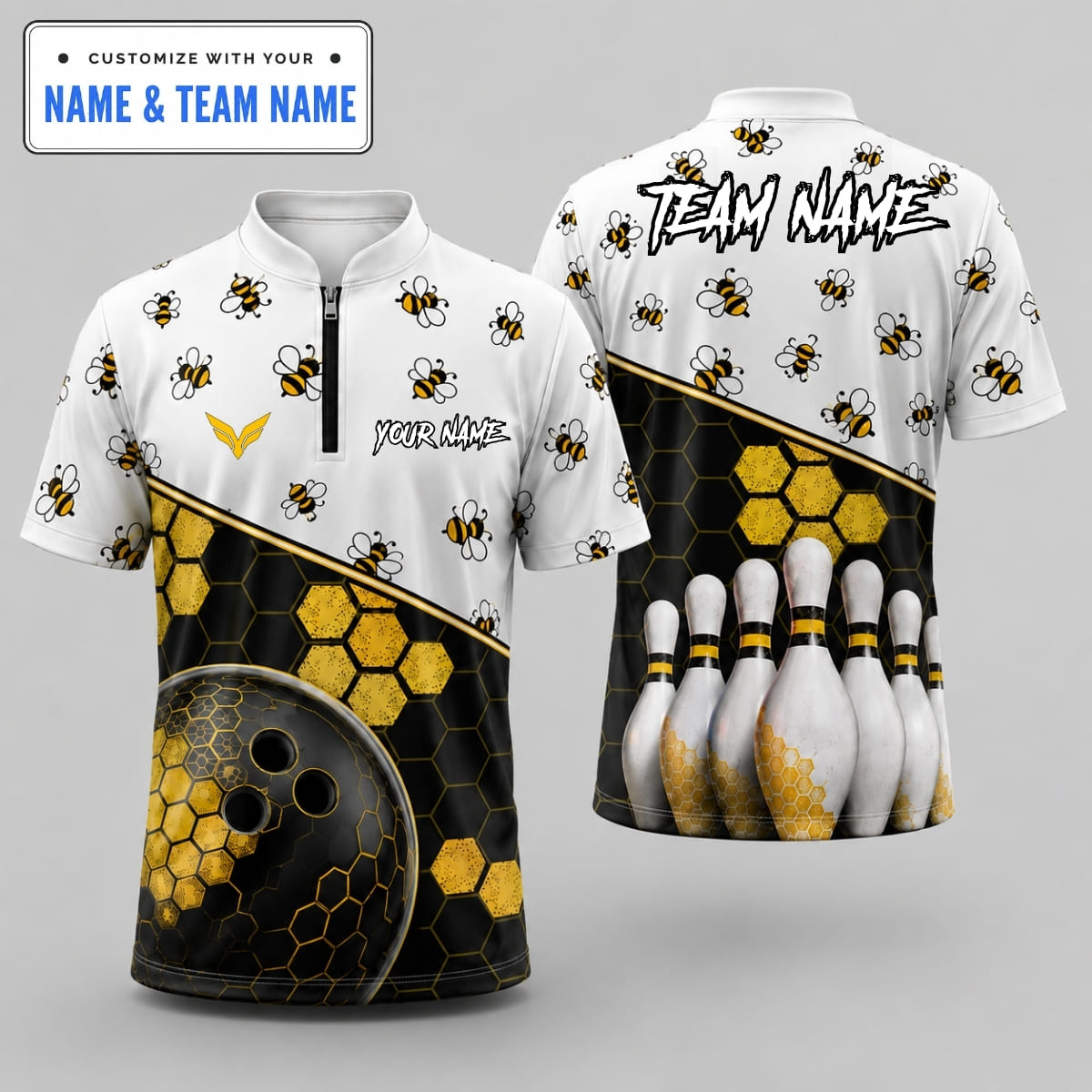 Personalized Honeycomb Hexagon Honey Bee Bowling Shirt – Custom Name & Team Name