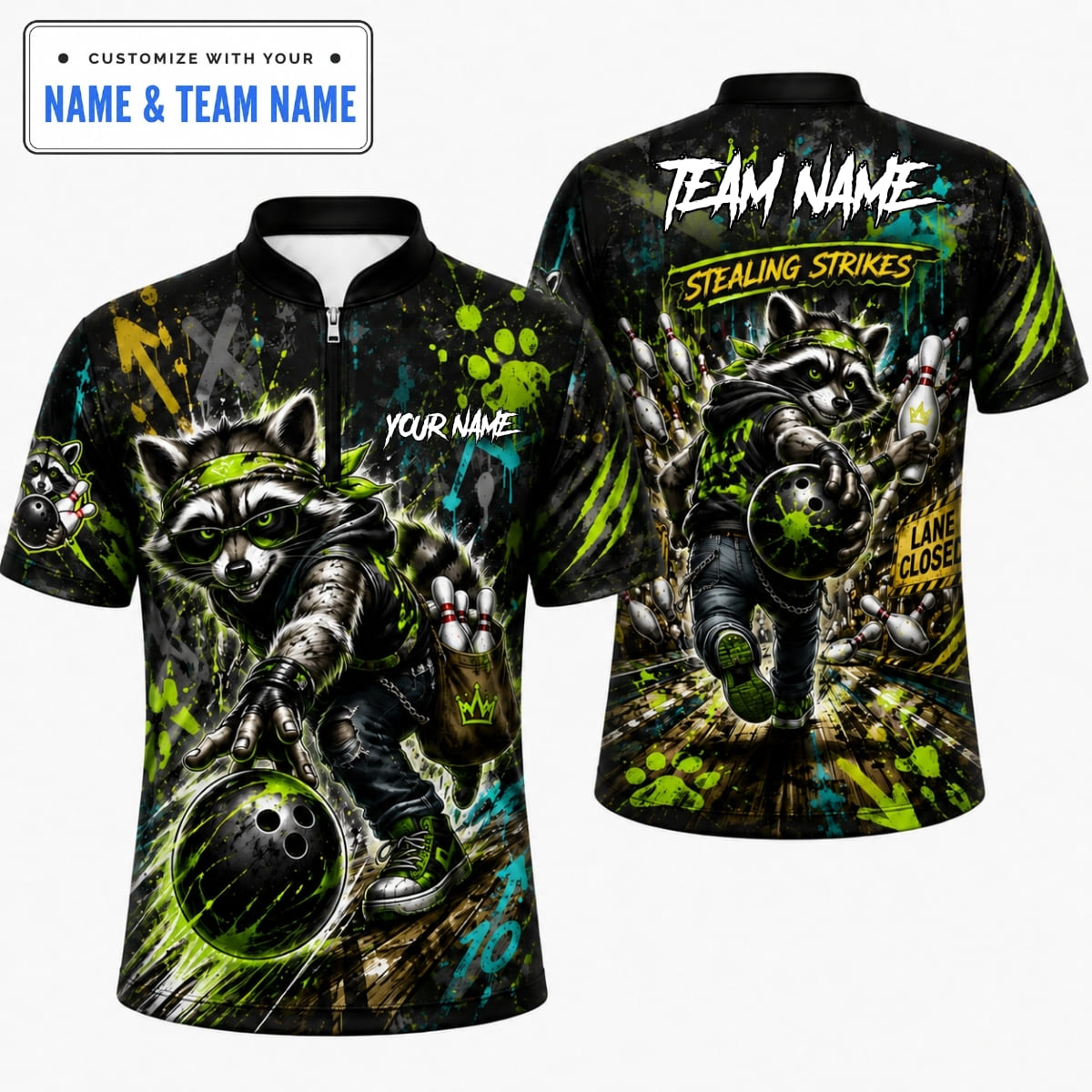 [6 Colors] Personalized Raccoon Stealing Strikes Bowling Shirt – Custom Name & Team Name